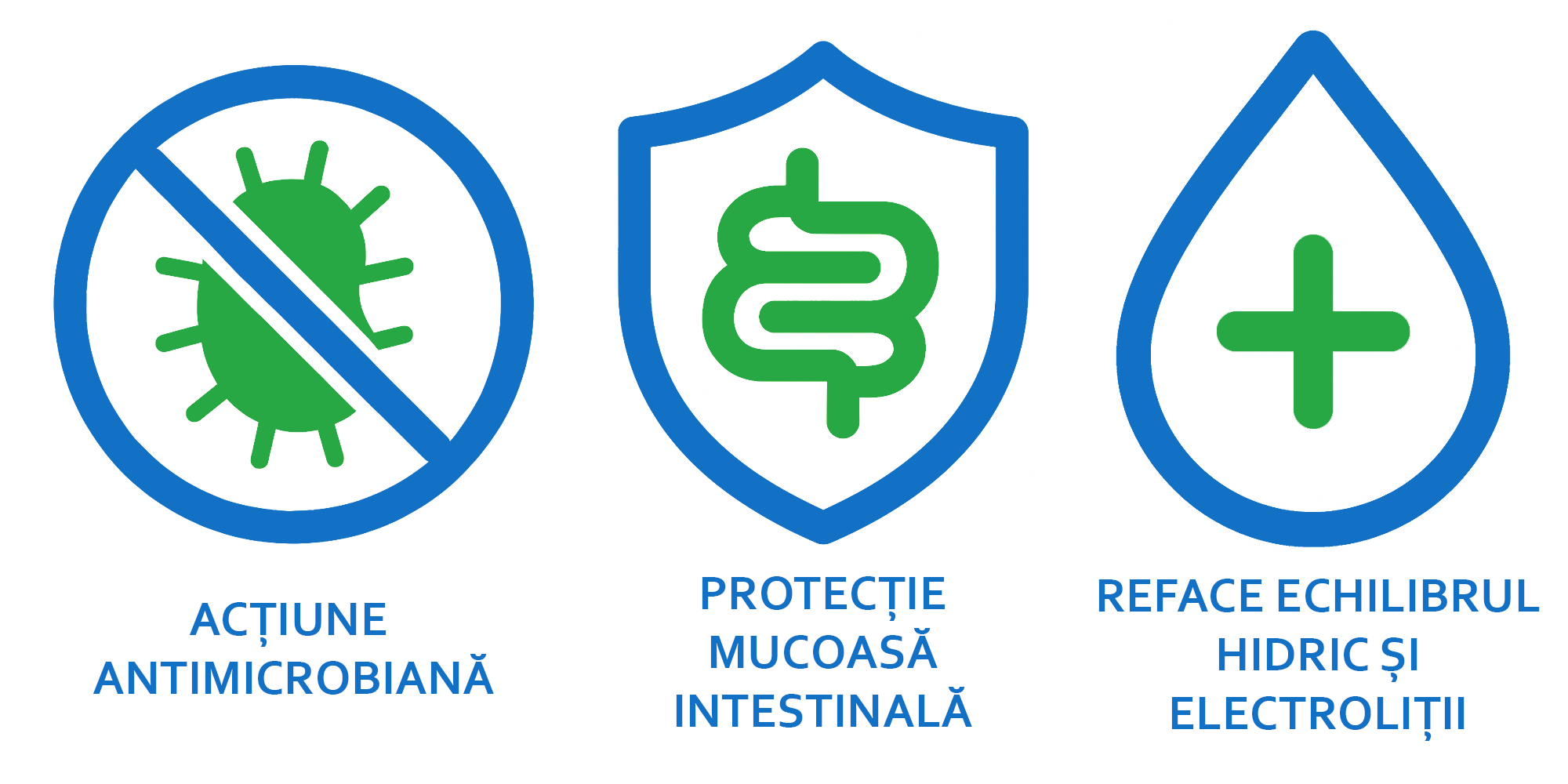 Pictograme beneficii Activ Diar: acțiune antimicrobiană, protecție mucoasă intestinală, refacerea echilibrului hidric și a electroliților.